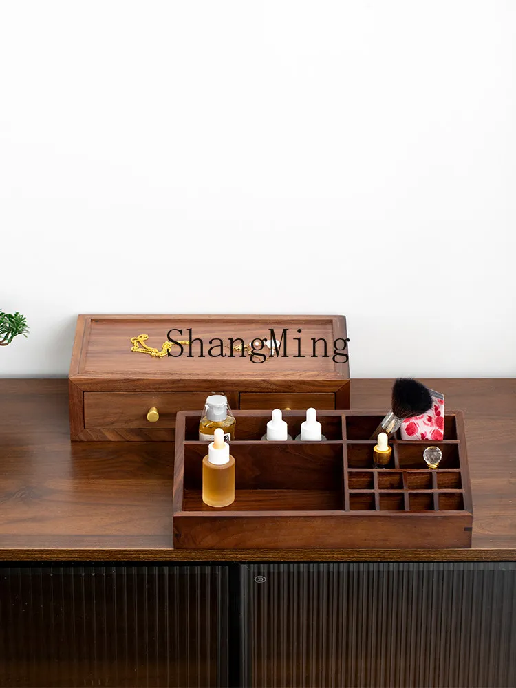 FG Walnut Double-layer Cosmetics Storage Box Large Capacity Solid Wood Finishing Box Skin Care Products Jewelry Separate Shelf