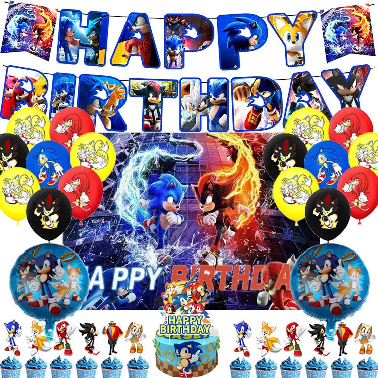 Ensemble de décorations de fête d'anniversaire sur le thème du hérisson, bannières, ballons, décoration de gâteau, fournitures de fête de dessin animé Sonic pour enfants, nouveau jeu