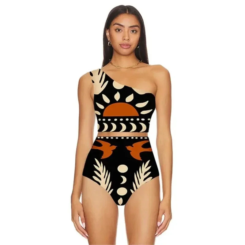 Two Piece Swimsuit For Women Bikini With Beach Outlet Set 2024 New One Shoulder Print High Waist Split Swimwear Polyester May