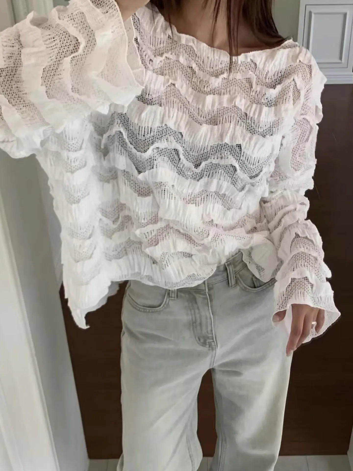 

Gagarich Splicing Three-dimensional Wave Edge Unique Knitted Shirt Women Spring Loose Hollow Micro Transparent Long Sleeved Top