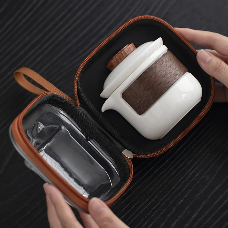 White Jade Porcelain Tea Set with One Pot and Three Cups, Heat-Resistant Ceramic Outdoor Portable Travel Tea Set