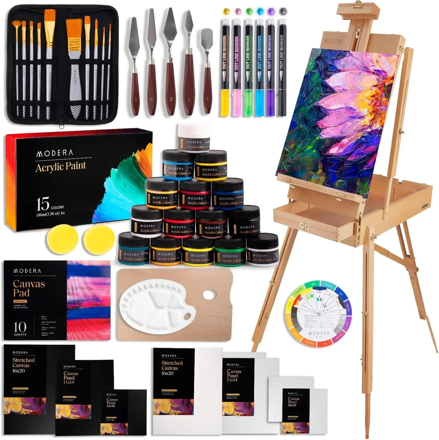 Acrylic Painting Set, Deluxe Artist Supplies Kit w/Coronado Style Wooden Field & Studio Sketch Box Easel, Stretched & Panel Canv