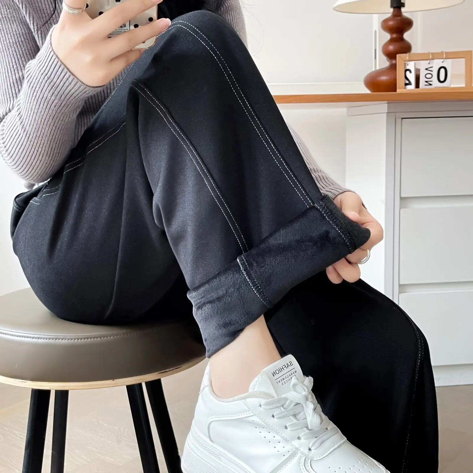 Spodnie damskie XXXXL Fashion Plus Size, proste, zimowe, nowy styl, proste, ocieplane polarem, zakrzywione, ciepłe, z dopasowaniem kolorystycznym, model 8232