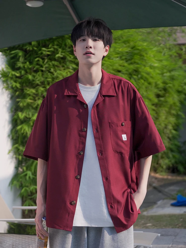 

Red Wine ort Sve Men's irt Summer New Vintage Loose Ice Silk Cool Feeling American Sle Button up Casual irt