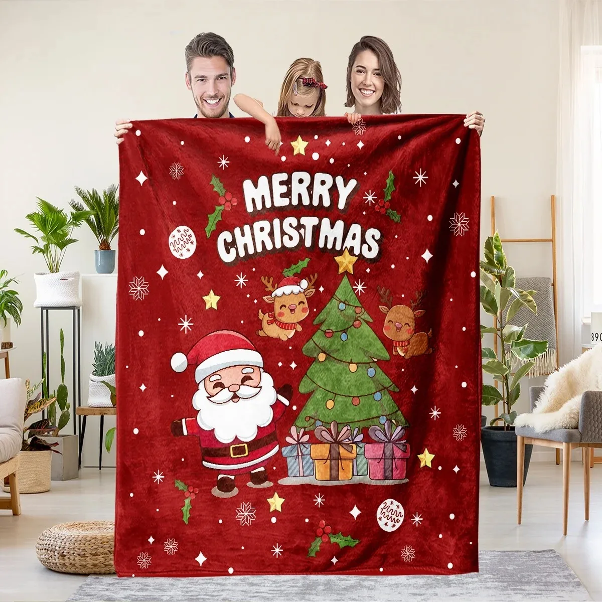

Cartoon Santa Gift Reindeer Blanket All Season Use For Sofa Dorm Office Flat Print Soft Warm Gift Idea