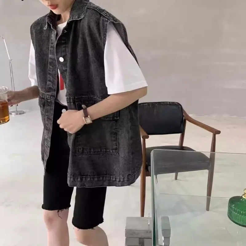 Casual Denim Vest Women's Spring Loose Beads Cartoon Versatile Tooling Sleeveless Waistcoat Large Pocket Single-breasted Jacket