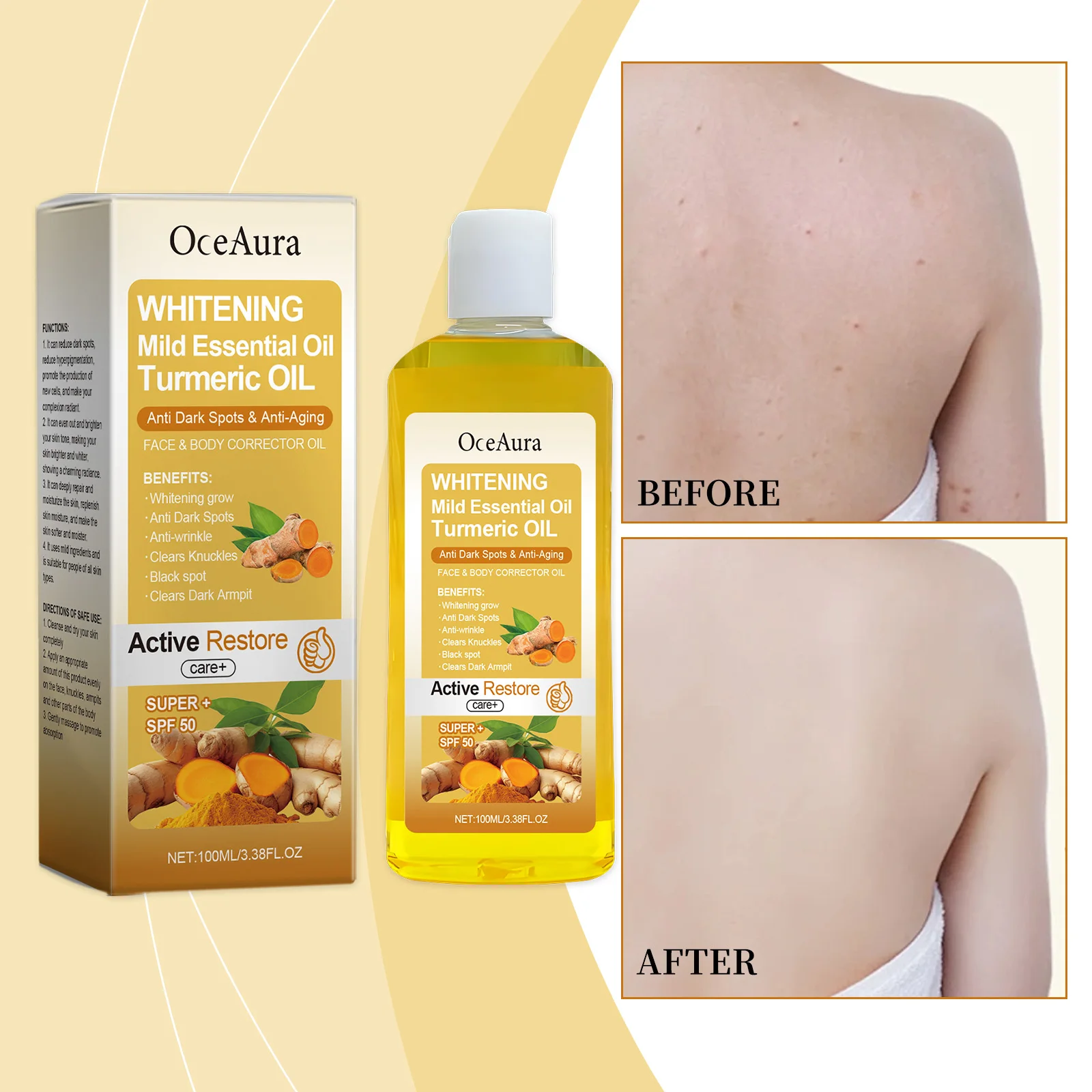 ホワイトニング ターメリック エッセンシャル オイル – ダークスポット防止、アンチエイジング、ブライトニング フェイス & ボディ コレクター オイル SPF50、100ml