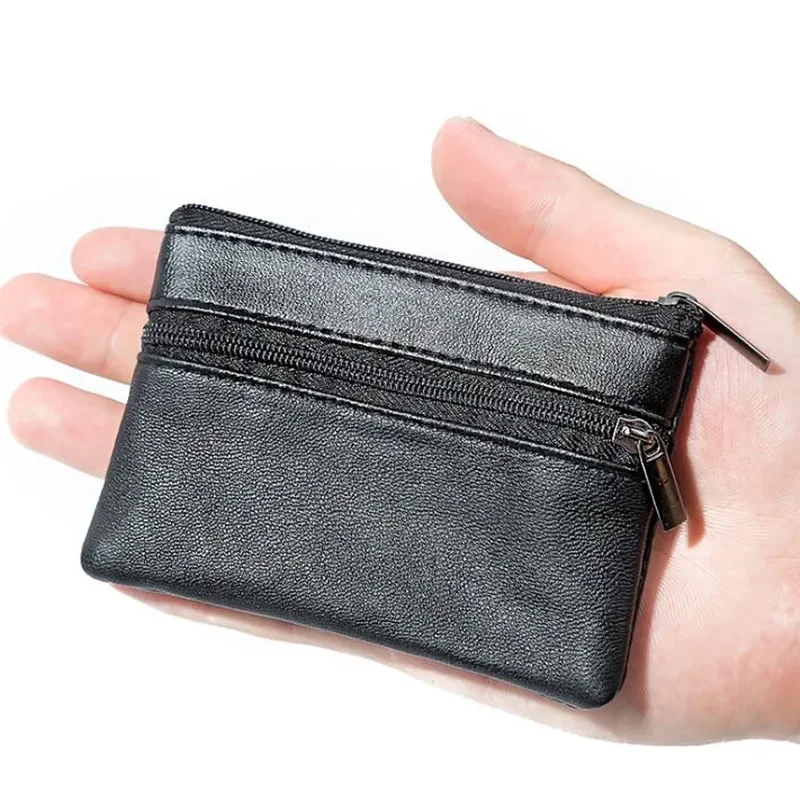 Men's Black Leather Coin Purse Single Zipper Multi-Function Mini Wallet for Mobile Phone And Coins