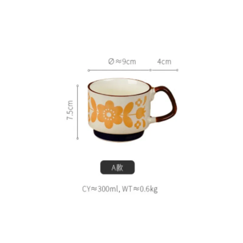 Japanese retro ins ceramic ear-hanging printed coffee cup stackable, creative mug couple breakfast milk cup