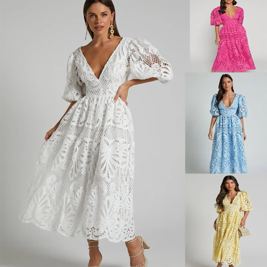 

【New style】Women's hollowed-out long dress summer new V-neck lace embroidery sexy waist dress