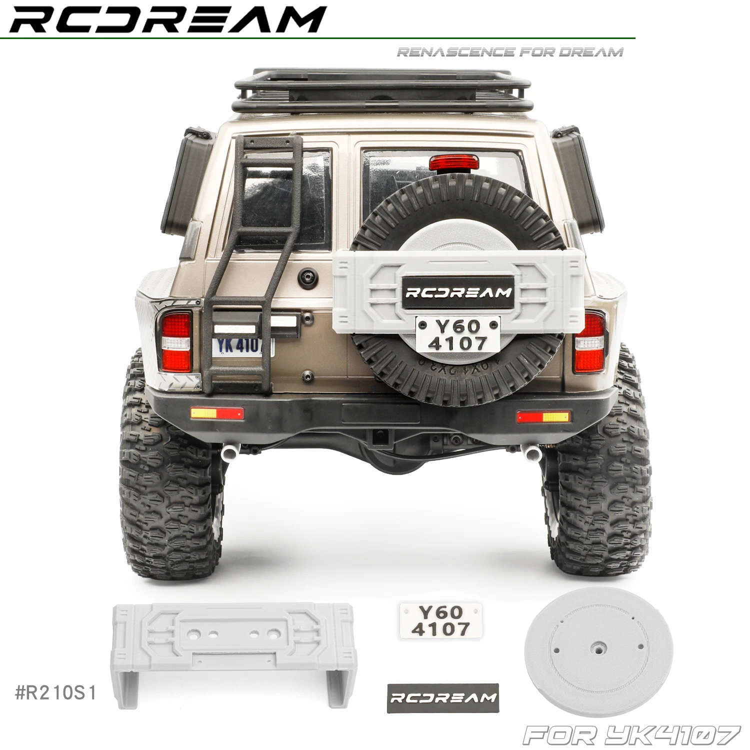 RCDream Spare Wheel Swing Away Carrier/ Wheel Cover/ Rear Fog Lights/ Ladder/ License Plate Light/ Exhaust Pipes for YK4107 Part
