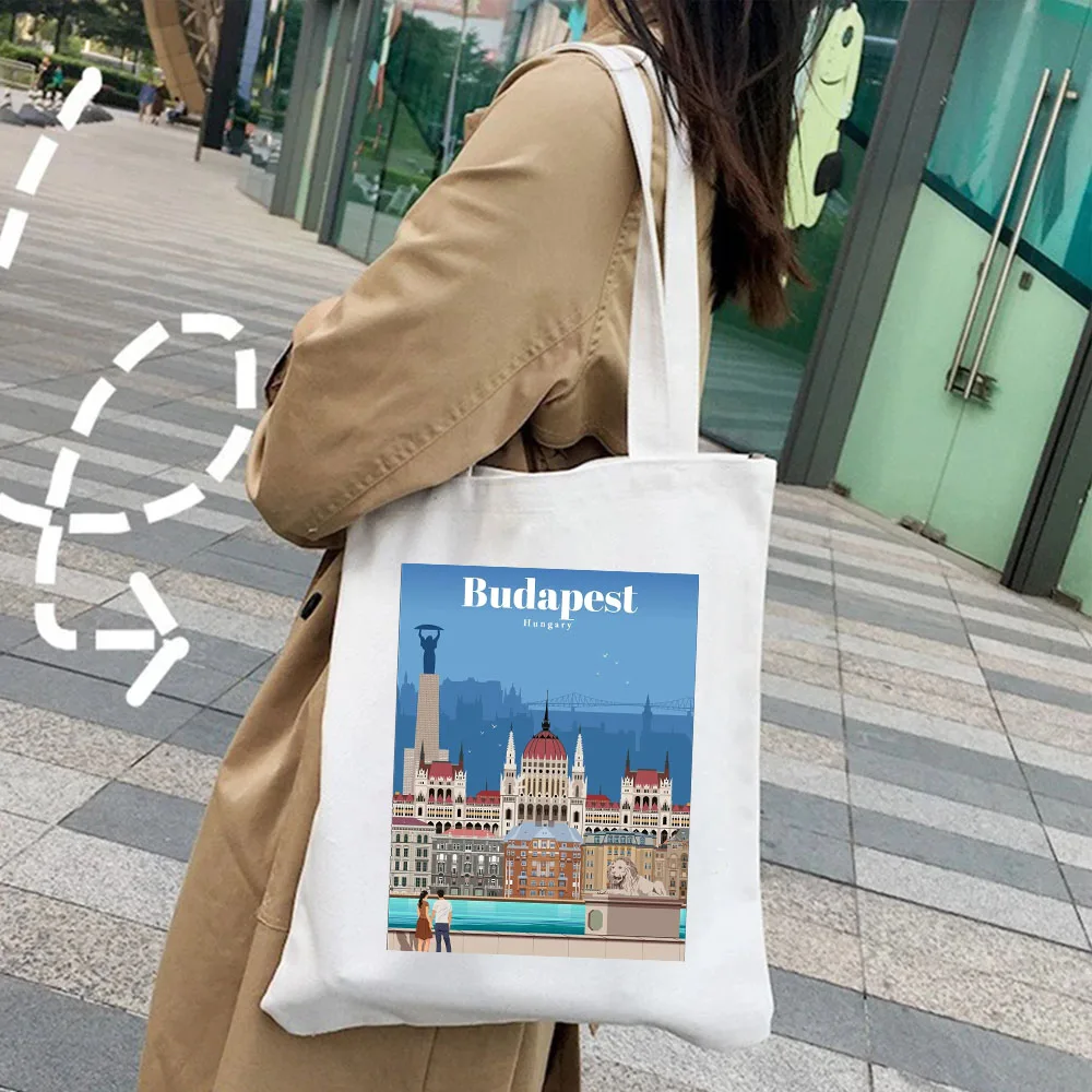 Istanbul Jerusalem Athens Bali Bangkok Barcelona Berlin Budapest Cairo Women\'s Canvas Shoulder Shopper Tote Bag Shopping Handbag