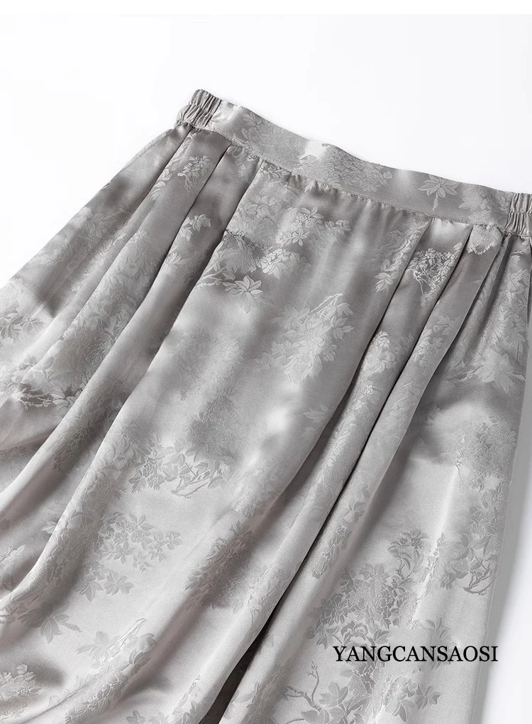 2024 Women's Summer New 100% Natural Mulberry Silk HuaLuo Jacquard Satin Elastic Waist Smoke Rain Grey Large Swing Skirt