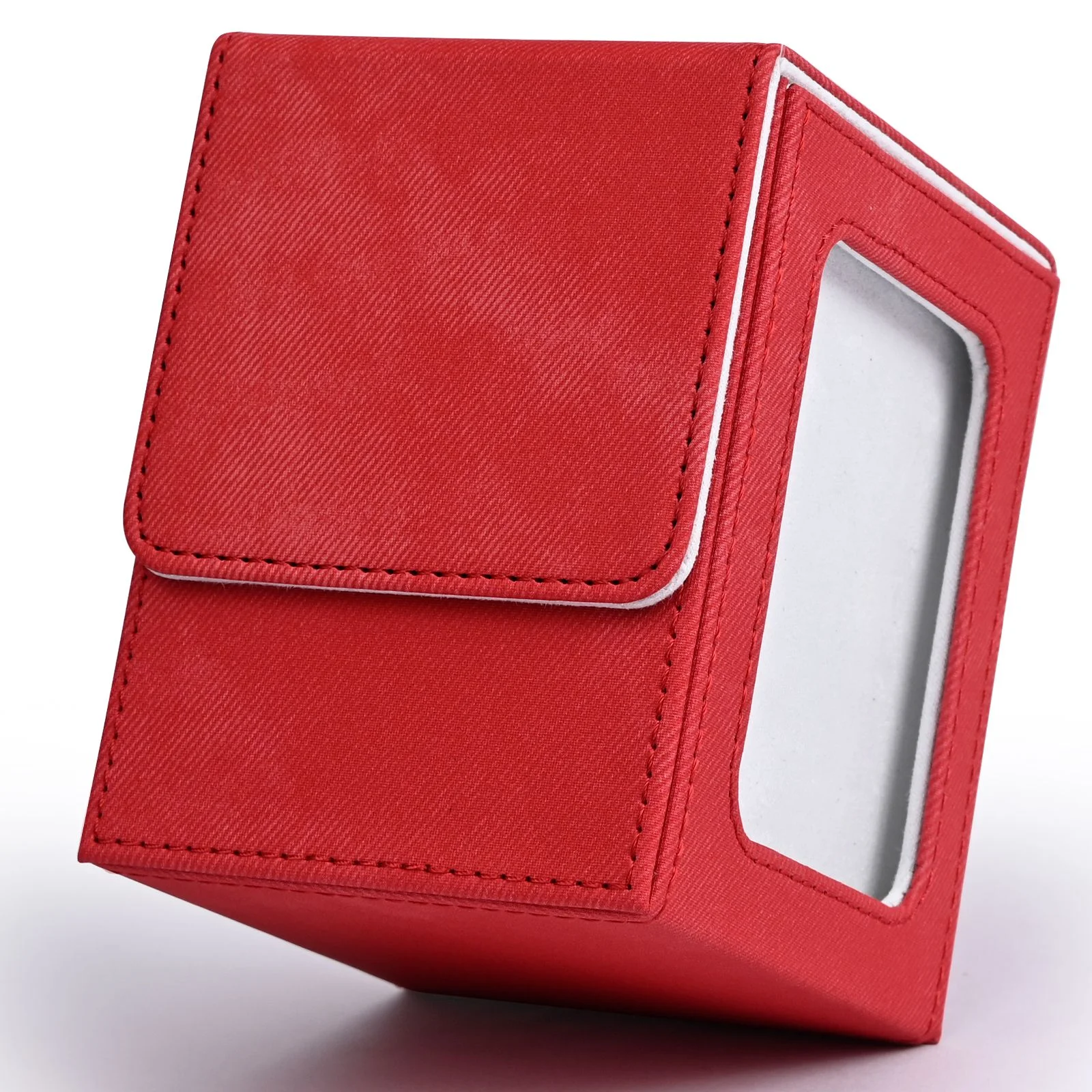 Card Deck Box with Display Window, Trading Card Storage Case, Holds 120+ Single Sleeved Cards, PU Leather Denim Card Box for TCG