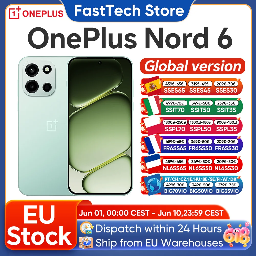 Smartphone OnePlus Nord 6 5G Version EU, Snapdragon 8s Gen 4, 165Hz 165FPS, écran AMOLED 6,78 pouces, 7500mAh, charge SUPERVOOC 80W, appareil photo principal SONY 50MP avec OIS 'double axe' Smartphone OnePlus Nord 6 5G Version EU, Snapdragon 8s Gen 4, 165Hz 165FPS, écran AMOLED 6,78 pouces, 7500mAh, charge SUPERVOOC 80W, appareil photo principal SONY 50MP avec OIS 'double axe'
