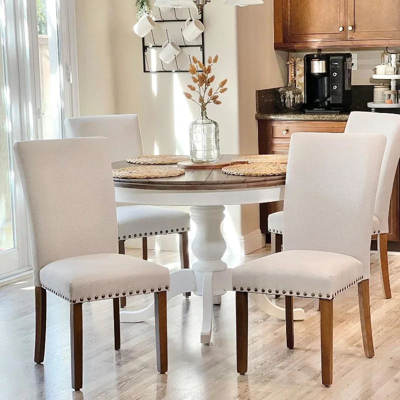 Upholstered Parsons Dining Chairs Set of 4, Fabric Dining Room Kitchen Side Chair with Nailhead Trim and Wood Legs