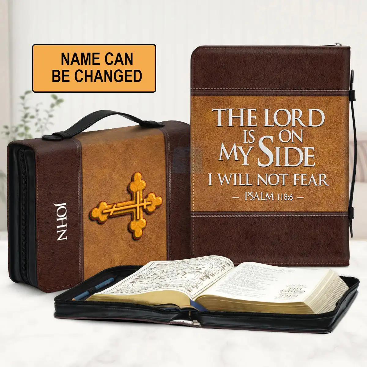 Women\'s Christian Bags Personalized Leather Bible Cover The Lord Is My Strength And My Shield Psalm Print Bible Storage Bags