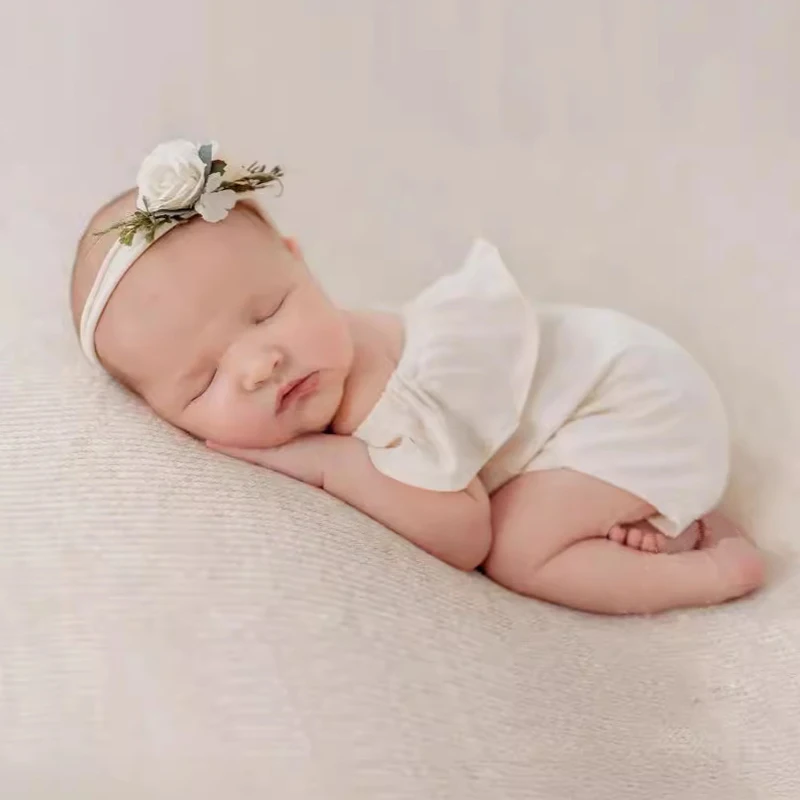 Newborn Photography Prop Ruffles Romper Artificial Flowers Headband Baby Girl Outfits Set Infant Photo Shoot Photos Costume