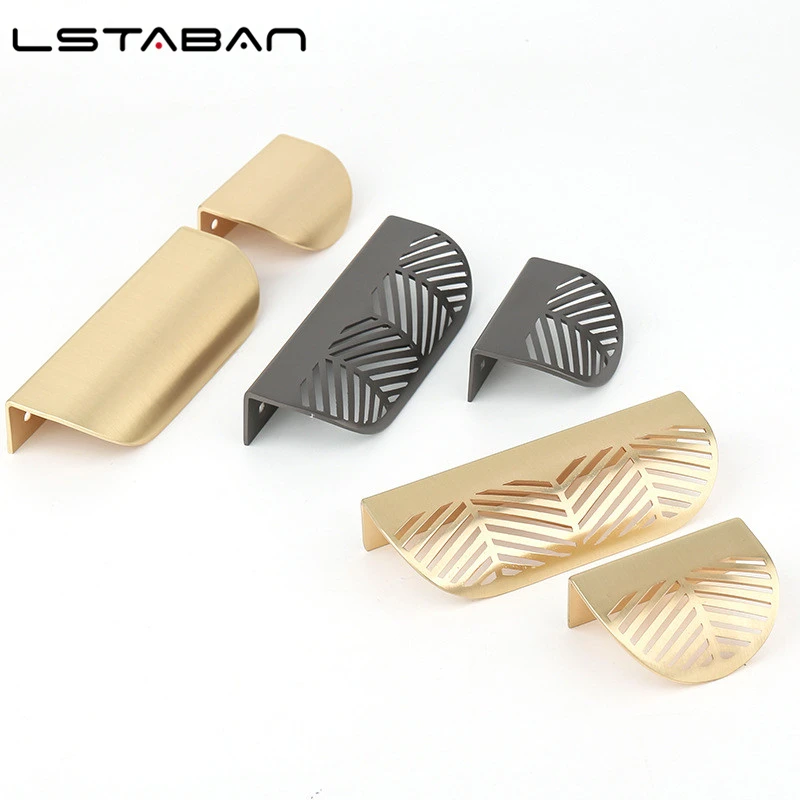 Modern Simple Concealed Handle Brass Leaf Invisible Pulls Wardrobe Cupboard Wine Cabinet Furniture Drawer Golden Hardware Knobs