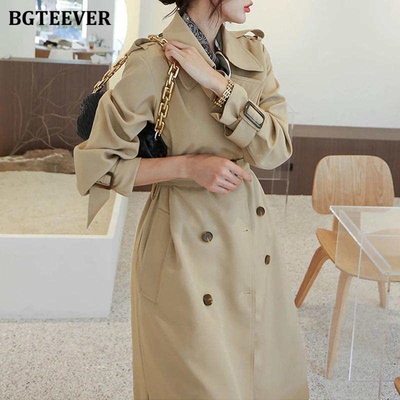 BGTEEVER Elegant Lapel Female Windbreaker Long Sleeve Loose Belted Double Breasted Women Trench Coats Autumn Winter Overcoats