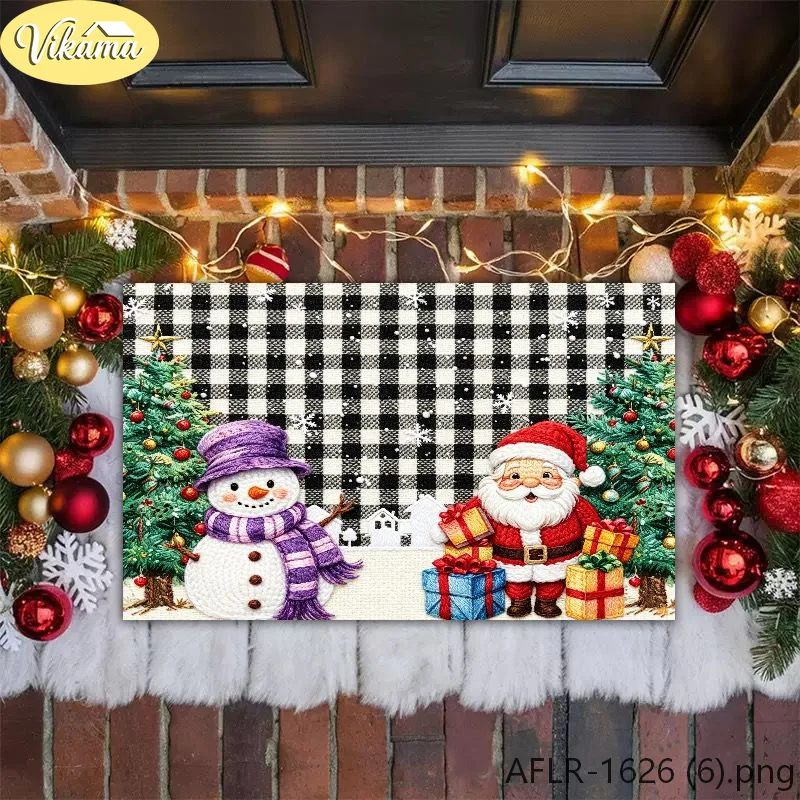 VIKAMA Christmas Entryway Doormat, Buffalo Check Print with Cartoon Santa and Snowman, Non-Slip Decorative Rug, Home Decor