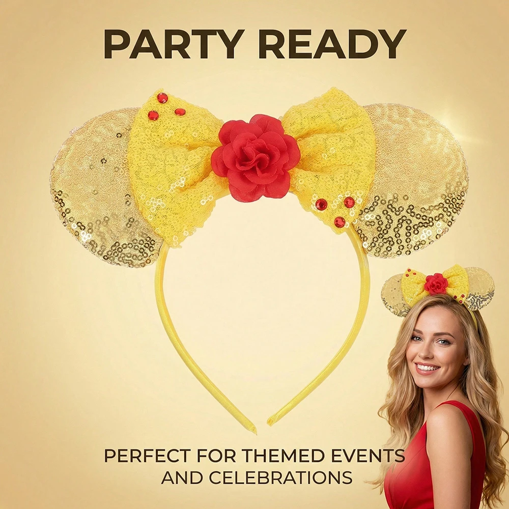 1 Stück Elegantes Mausohren-Haarband Rotes Blumen-Pailletten-Schleifen-Haarband Geeignet für Frauen und Mädchen für Alltag, Party, Freizeitpark Haaraccessoires