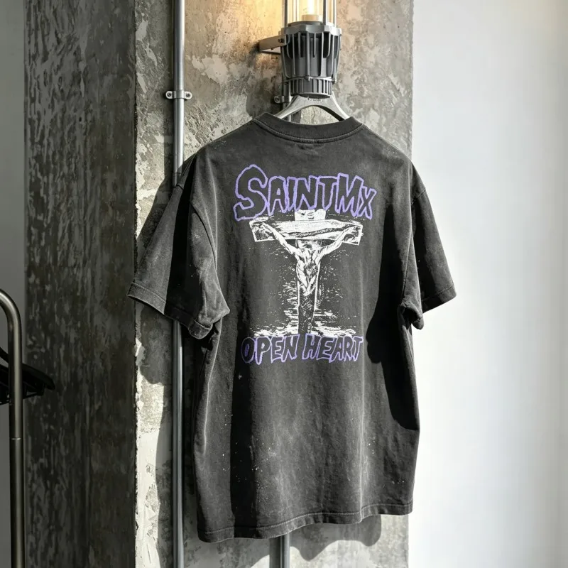 Vintage Washed Distressed Skull Letter Print Round Neck Short Sleeve Saint Tshirts Men Women Ink Splashed Top Tee Streetwear