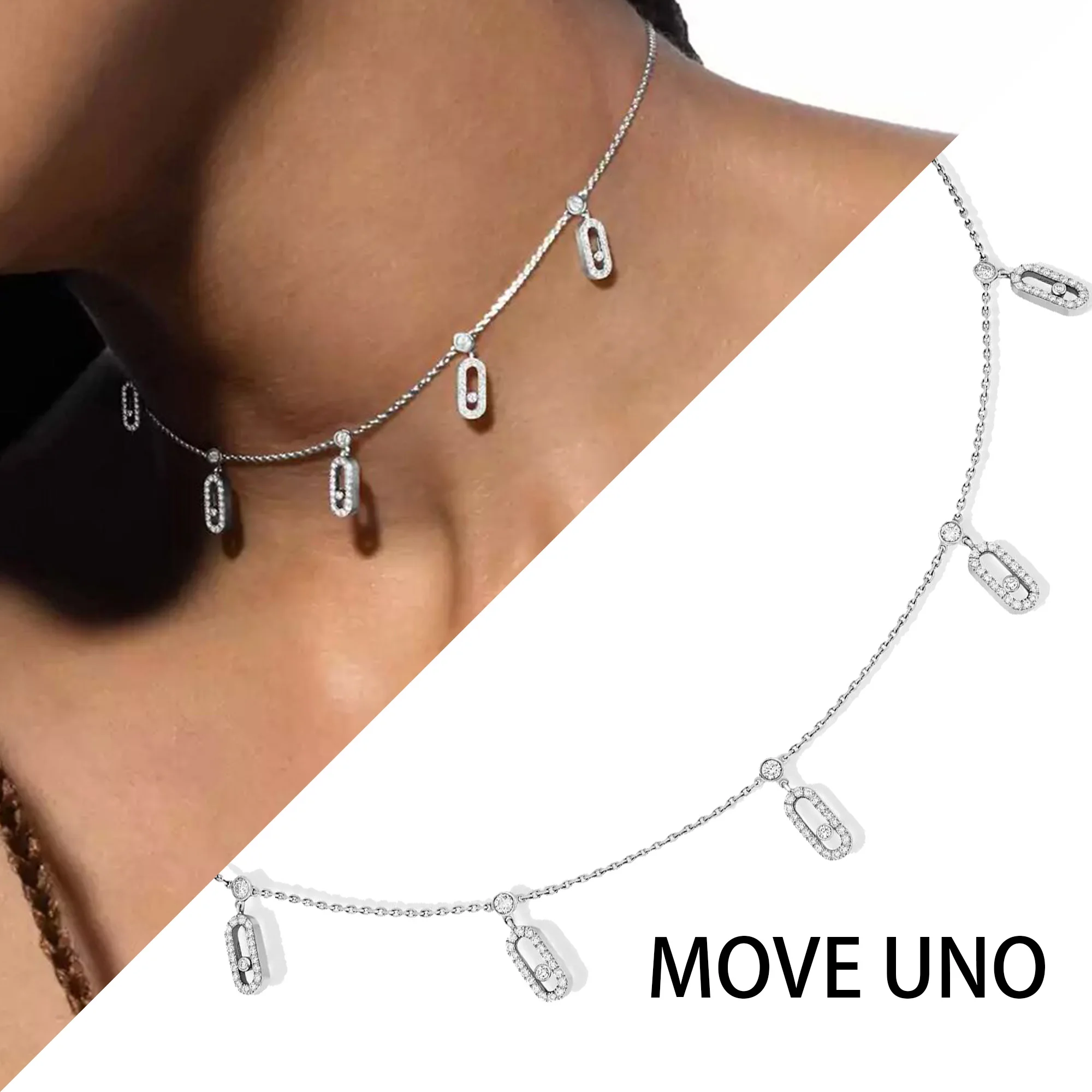 

Premium luxury pure silver s925 MOVE UNO series diamond pendant collar with multiple sliding diamonds design