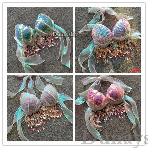 16 Colors Mermaid Sequins Shells Bikini Tops Bras Oceanarium Bar Performances Out Of Costume Fishtail Skin Women Freediving Show