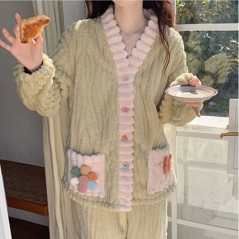 Thickened Warm Flannel Women Sleepwear Loungewear Cardigan Suit Winter Sweet Kawaii Soft Fairy Wind Ladies Pajamas Homewear