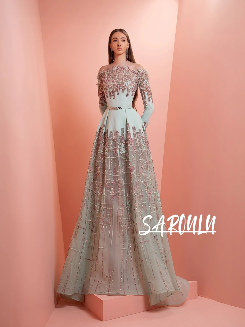 

Mint Green Women's Elegant Sequin Embroidery Long Sleeve Evening Dress Mesh A-Line Floor Length Formal Party Gown With Belt