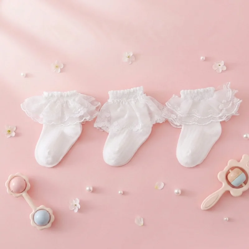 3 Paare/Set Sommer Dünne Baby Kleinkind Mädchen Socken Spitze Rüschen Weiche Kindersocken Für Mädchen Weiß Mesh Prinzessin Kindersocken 0-6 Jahre