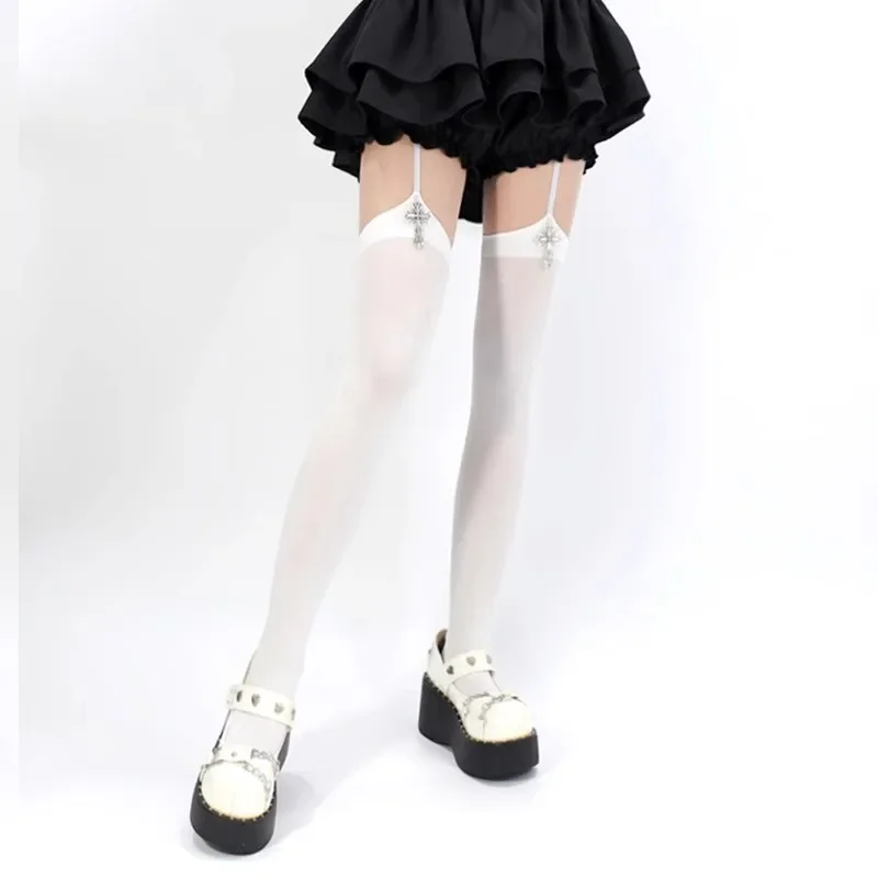 Personality Cross Decoration Women Suspender Socks Solid Color Thin Thigh High Lolita Anime Cosplay Gothic Over Knee Stockings