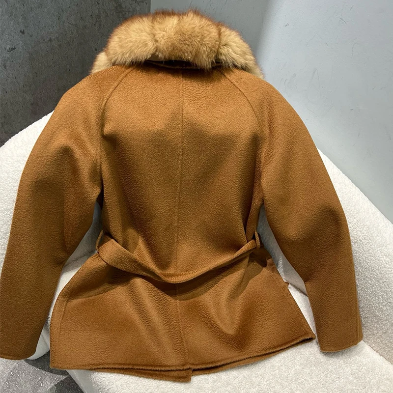Hot Sale Women Winter Handmade Double Side Woolen Jacket Autumn Special Real Fox Fur Collar Warm Female Short Woolen Coat