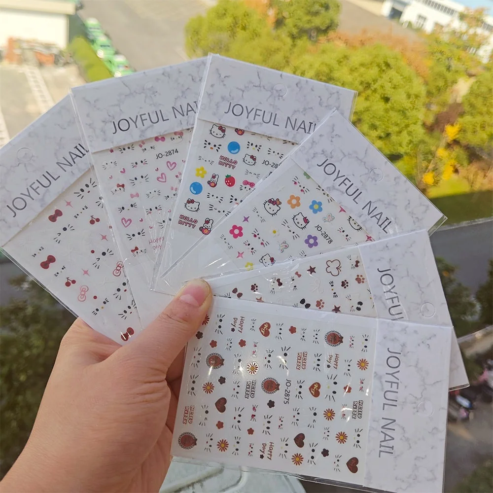 Autocollants pour ongles dessin animé 3D Hello Kitty, 1 pièce, Kawaii KT, nœud de chat, cœur, fleur, décalcomanies adhésives, visage de chat, fraises, curseurs de manucure