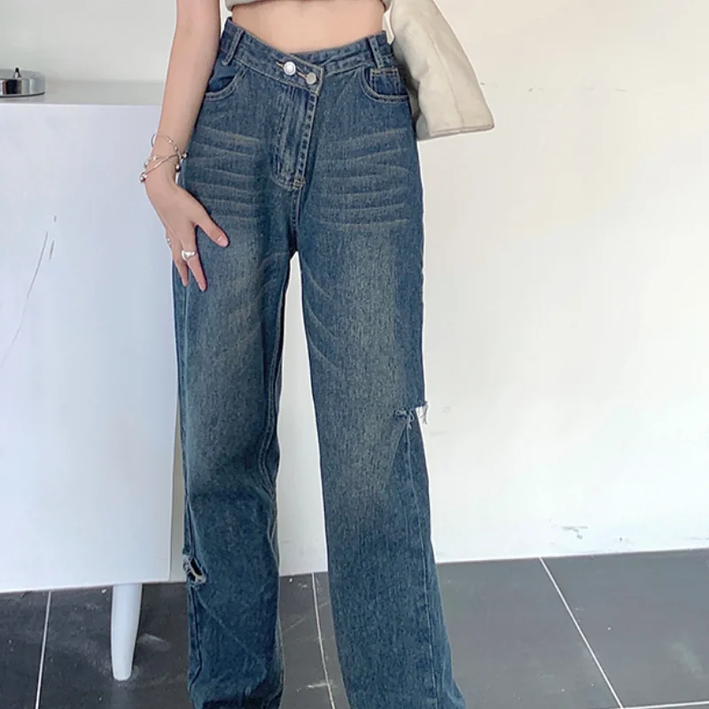 

Blue High Waist Women's Jeans Flare Pants Vintage American Fashion Street Wide Leg Jean Female Denim Trouser Baggy Denim Pants