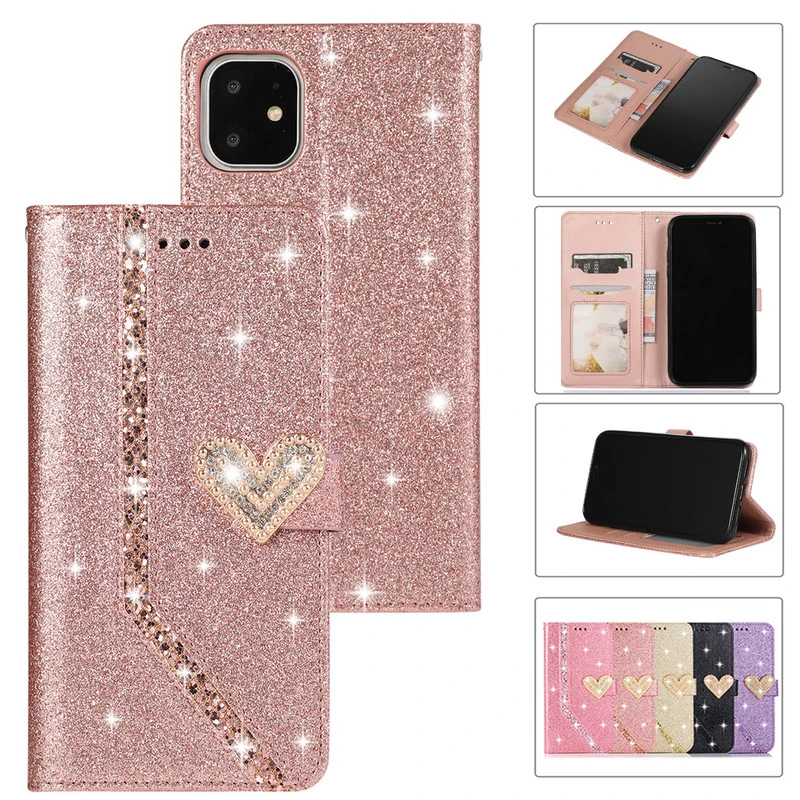 

Glitter Pu Leather Flip Case For iPhone 14 13 12 Mini 11 Pro XS Max XR X 8 7 6s 6 Plus SE 2020 Wallet Card Slots TPU Frame Cover