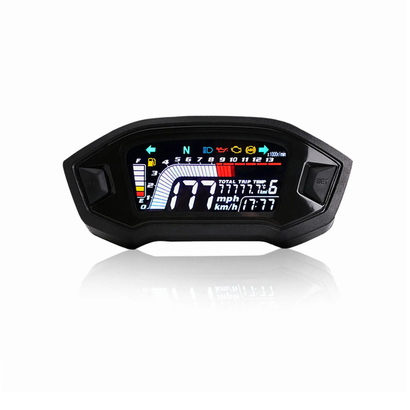 

Universal Motorcycle Speedometer Tachometer LCD Digital Gauge Fuel Level Meter for 1,2,4 Cylinders, 12V, ABS, 199km/h,
