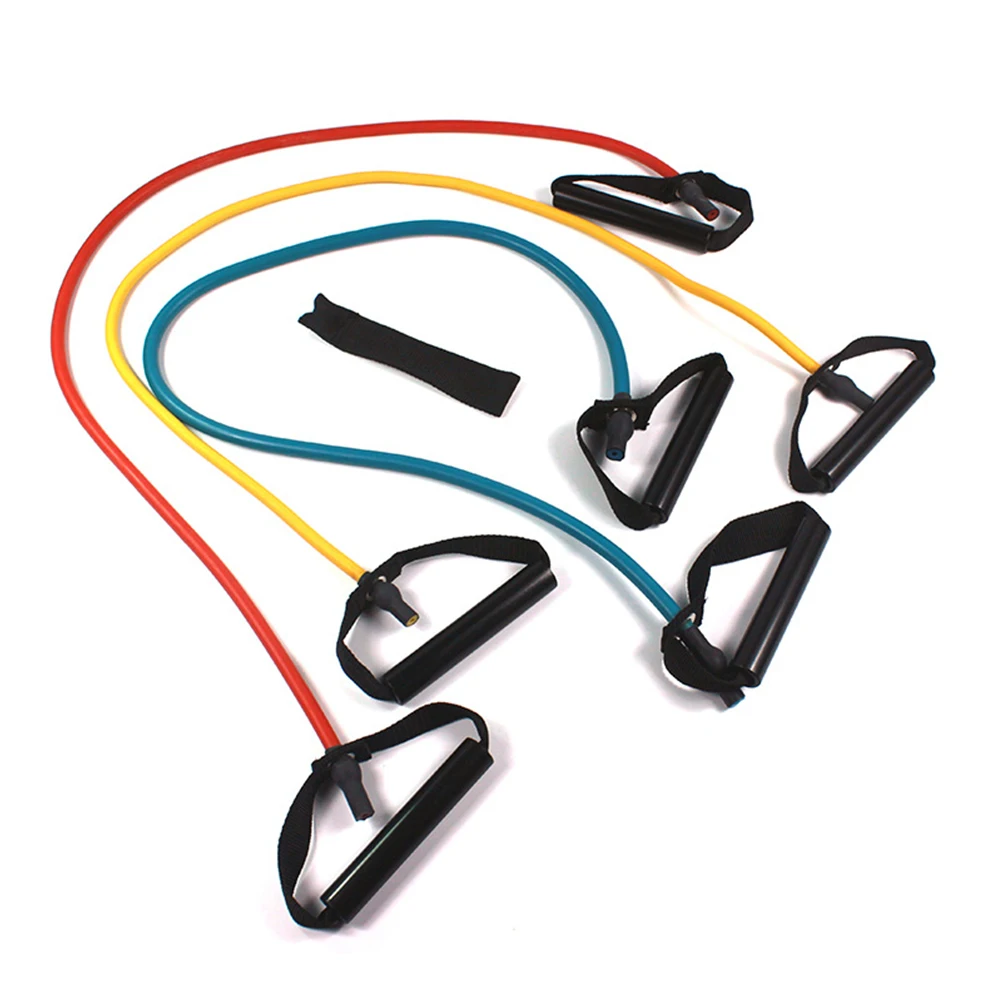 حزام تمرين أصفر مع مقابض لتمدد الدفء وتدريبات القوة واليوجا والبيلاتيس وحبل سحب