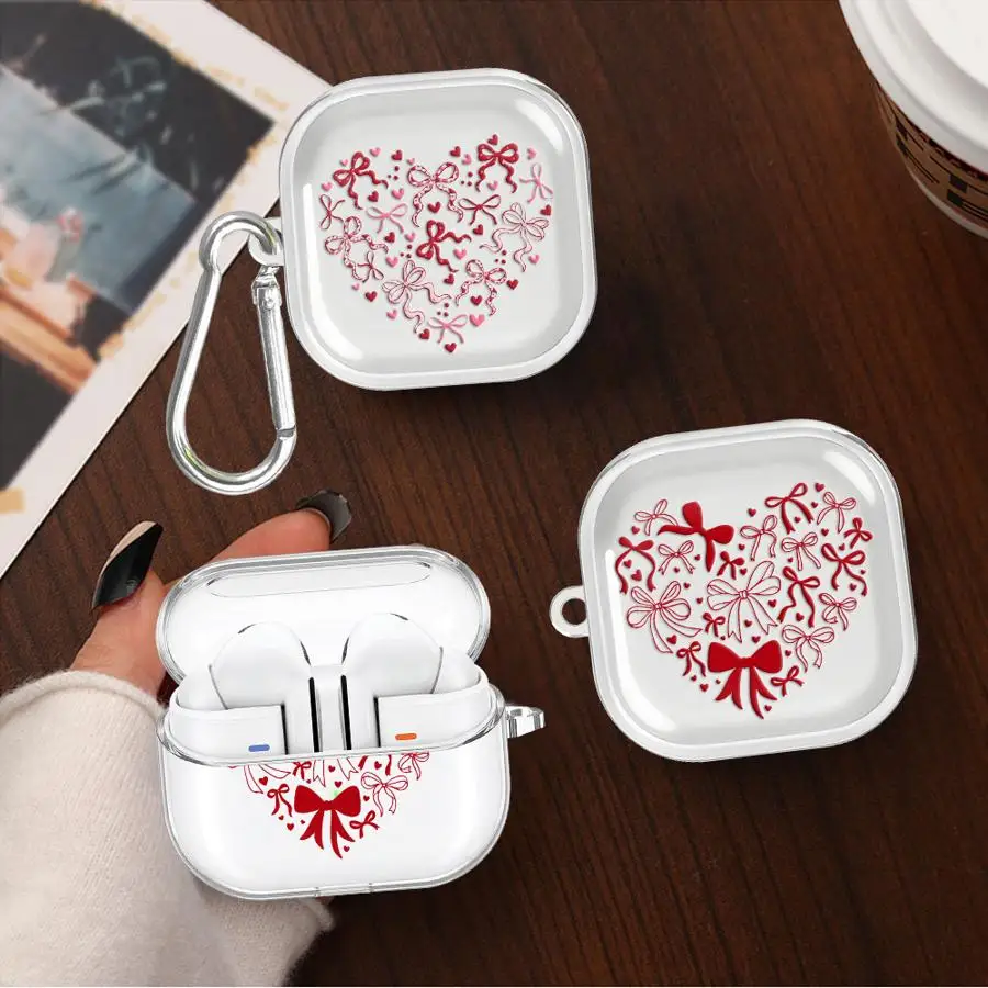 Red BowHeart Case For Samsung Galaxy Buds 3 FE 3Pro Live 4 Pro 2Pro 2 4Pro Clear Earphone Cases Cover With Hook