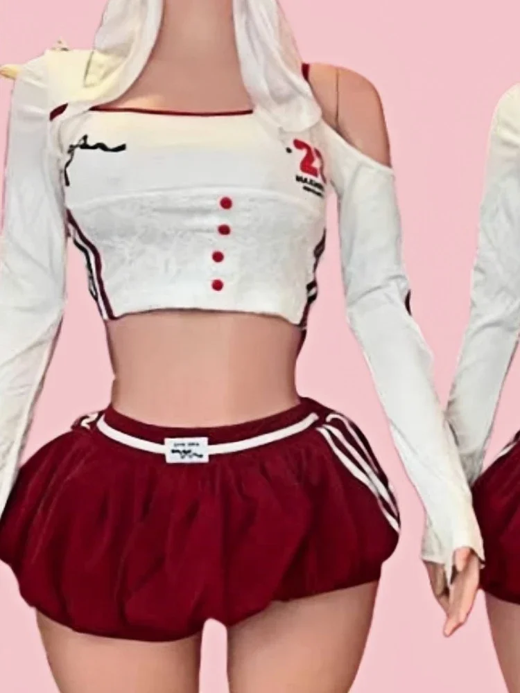 HLJ&GG Y2K Fashion American Women Two Piece Sets Women Off Shoulder Lace Patchwork Top + Bubble Mini Skirts Outfits Streetwear — zdjęcie 2