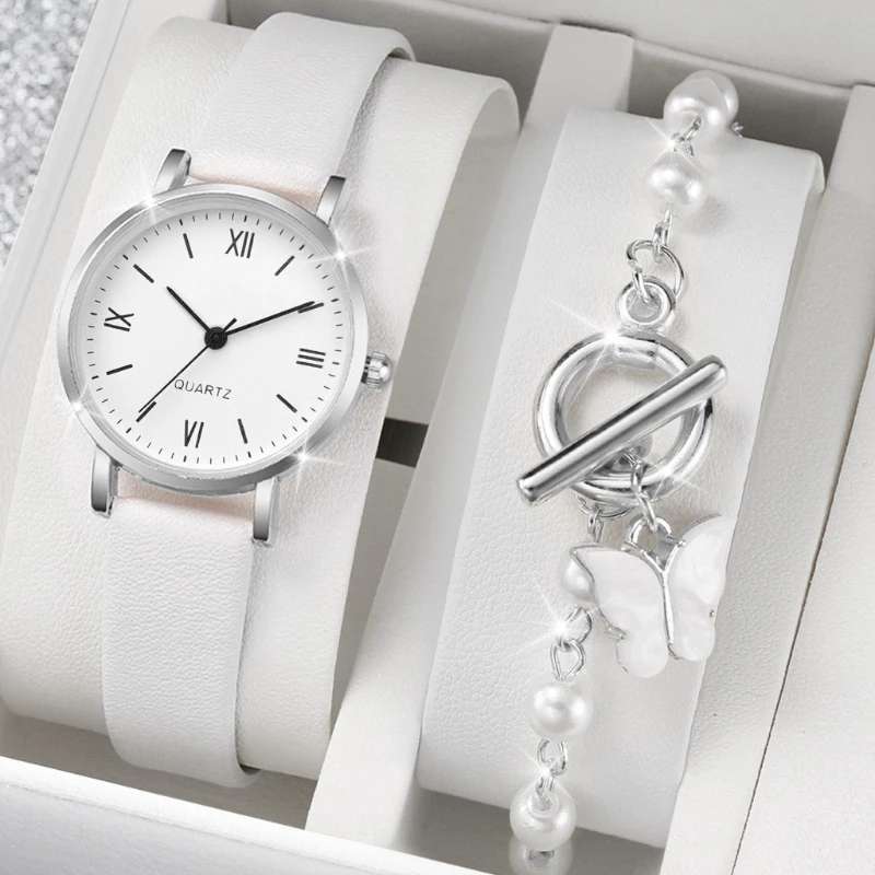 

Кожаные часы-браслет с арабским циферблатом для женщин, кварцевые часы, жемчуг, браслет-бабочка, модные наручные часы Reloj Mujer