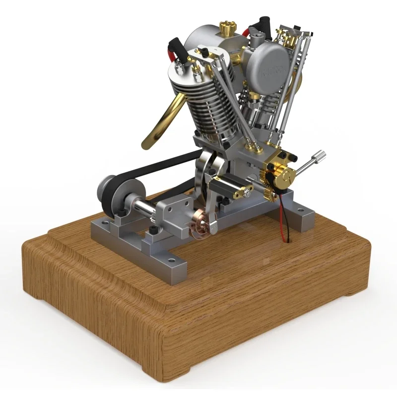 MUSA V2 Mini Gasoline Engine Model Kit Can Start Metal Stainless Steel 2 Cylinders 4 Stroke Engine with Wooden Base