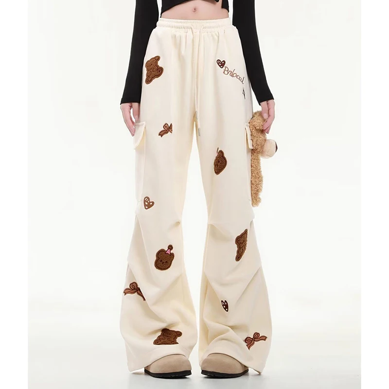 Amerikanische Vintage Nette Bär Jogginghose Frauen Stickerei 3D Schöne Hose Hohe Taille Schwarz Harajuku Y2K Jazz Breite Bein Hosen