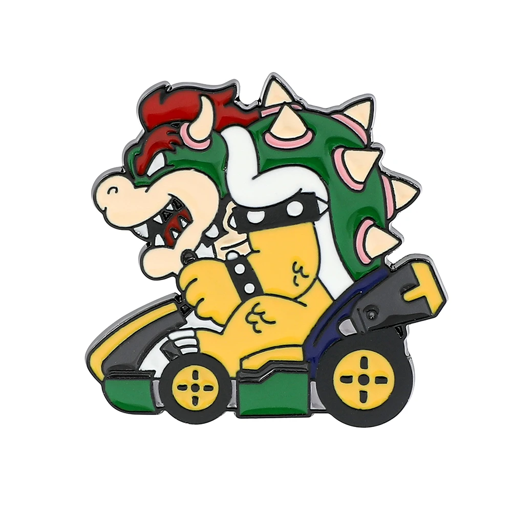 Cartoon Dinosaurier Bowser Rennkart Emaille-Brosche Klassischer Spielcharakter Metall-Anstecknadel Einzigartiges Sammlerstück Geschenk für Fans