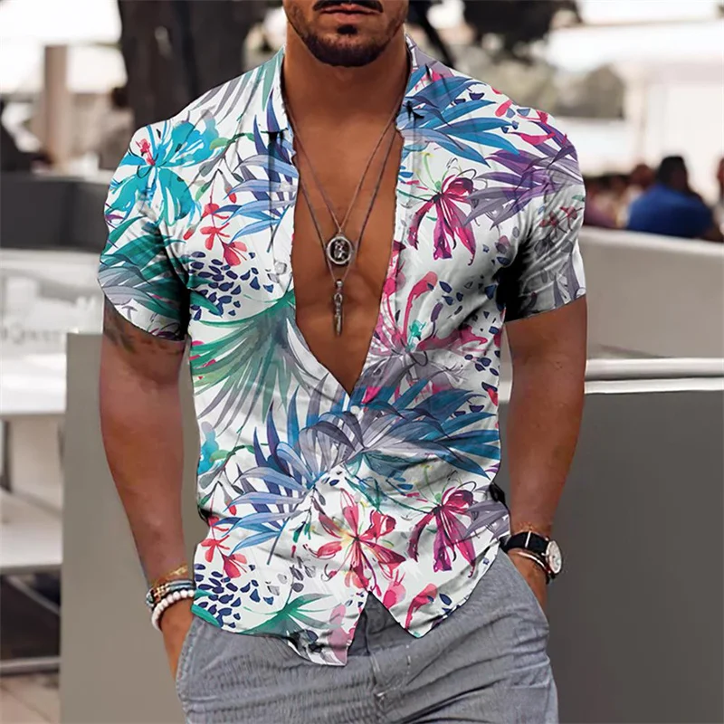 Camisas hawaianas de hojas florales para hombres, elegante patrón de flores, alta calidad, sociedad Social, informal, vacaciones, moda, ropa de lujo