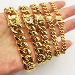 Stainless Steel Miami Curb Cuban Chain Bracelets Hip Hop 18K Stamp Gold Plated Jewelry Men Women Lock Clasp Bangles 7 ~8.5 inch