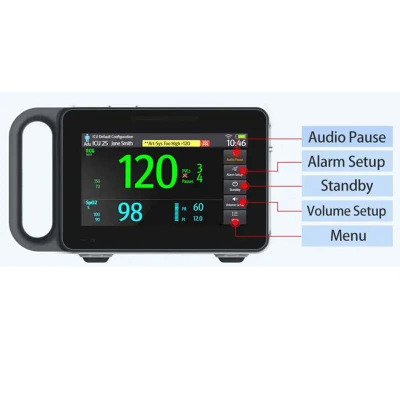 Monitor portátil de 6 parâmetros, tela sensível ao toque, monitor paciente, sinais vitais, ECG, NIBP, PR, SPO2, RESP, TEMP, 7"