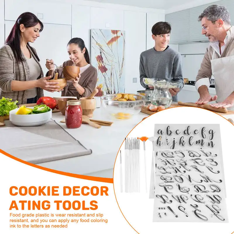 クッキーツール アルファベットケーキスタンプツール、デコレーションブラシ付きレターフォンダンスタンプ、数字フォンダンモールド
