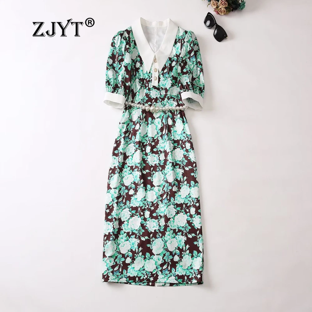 

ZJYT Fashion Summer Floral Print Dresses Women Designer Lapel Collar Short Sleeve Midi Straight Dress Female Clothes Pearls Belt